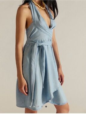 Free People Sky Blue Halter Tie-Waist Mini Dress
